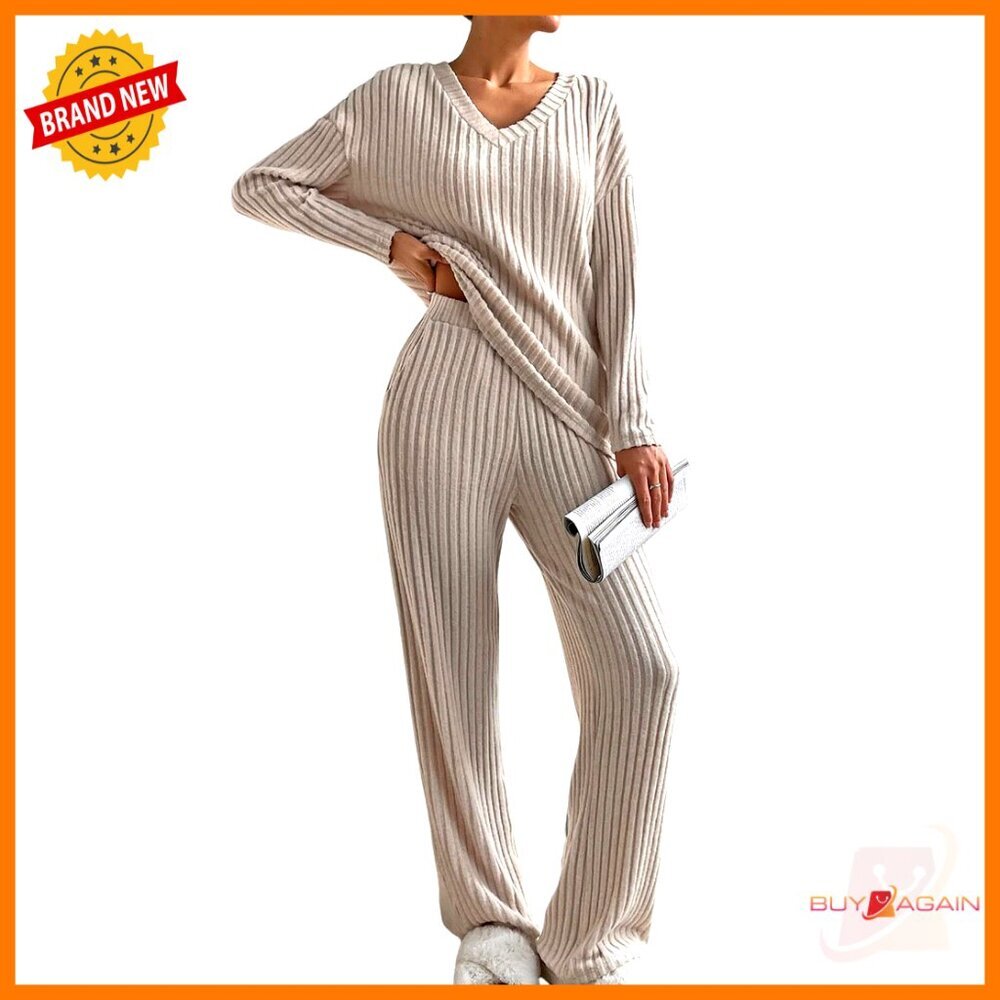 Ribbed Knit Pajama Set Long Sleeve Lounge Wear Soft Comfortable Sleepwear